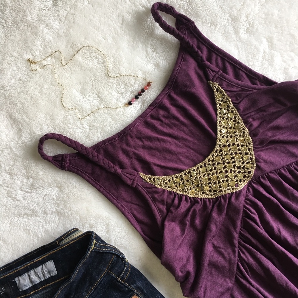 Gold Sequin Embellished Gypsy Collar Purple Tank - Picture 5 of 8